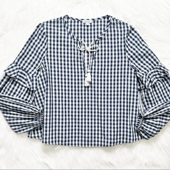 Splendid Navy Gingham Check Ruffled Tie Neck Navy White Long Sleeve Peasant Top - Picture 7 of 10